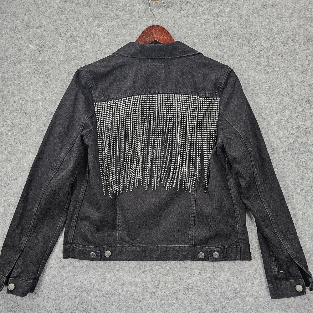 Y2K McBling GAP Denim Jacket Womens M Black Rhinestone Fringe Rodeo Festival